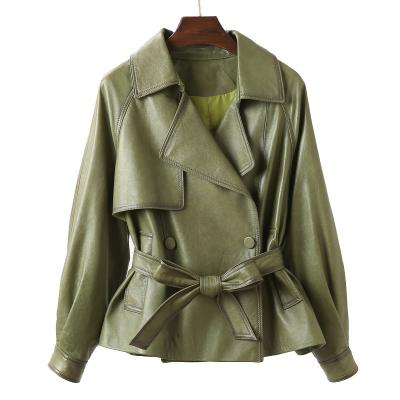 China Windproof Women's Mid Length Anorak Trench Coat Loose Leather Military Green Leather Jackets For Ladies for sale