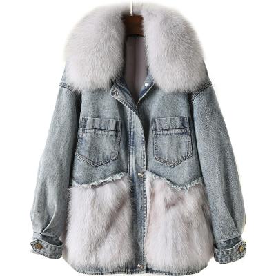 China Windproof Fox Fur Decorated Down Jacket Thick Winter Warm Girls Denim Down Coat Outwear Parka For Women for sale