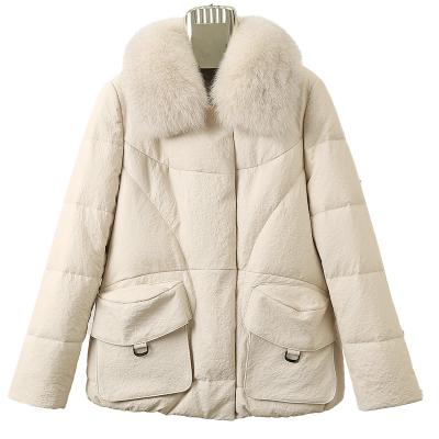 China Women Windproof Sheepskin Top-Grade White Leather Down Coat Leather Down Jacket With Fox Fur Collar For Women for sale