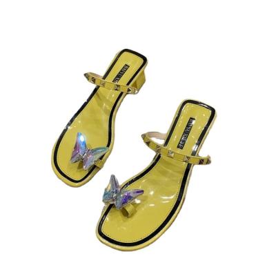 China 2023 New Anti-slippery Women Sandals Shape Trend Butterfly Rhinestone Rivet Female Slippers Macarone Heel Deep Toe High Heels Sandals Open for sale