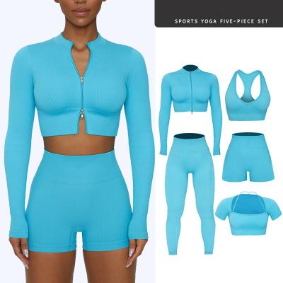 China Breathable Top Five Pieces Yoga Set Gym Vest Crop Fitness Shirt Women Sports Shorts Butt Rib Fishing Leggings Wholesale Workout Suit Set for sale