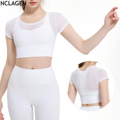 China Breathable See Through Mesh Patchwork Fitness Top Women Gym Yoga Crop Workout Top Custom Wholesale Custom T-Shirt Running Shockproof Top for sale