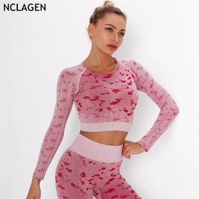 China Jacquard Long Sleeve Gym Breathable Seamless Workout Top Fitness Yoga Camouflage Sportswear Prices Running T-Shirt for sale