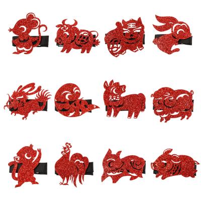 China Chinese Style Tiger Chinese New Year Girls Sparkle Zodiac Hair Clips Zodiaco Chino Baby Hair Clips for sale