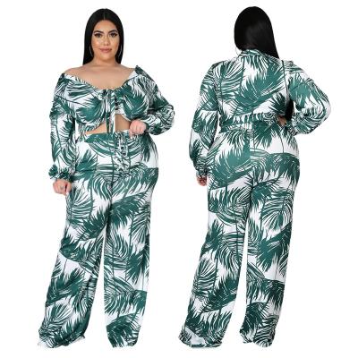 China Wide Leg Long Sleeve 2 Piece Long Sleeve Pants Sets Women V-Neck Plus Size Women Clothing 2 Piece Pants Set for sale