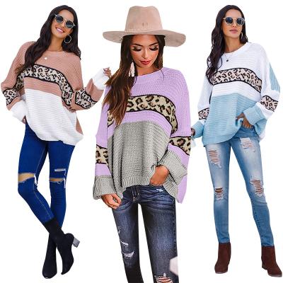 China Anti-wrinkle Women's Sweater Fashion Warm Leopard Print Crewneck Sweater Loose Long Sleeve Knit Sweater for sale