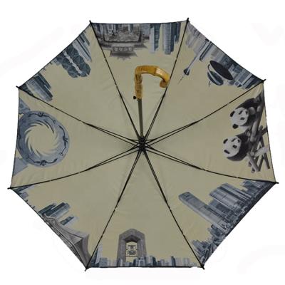 China New Straight Umbrella Umbrella Dress Designs Printed Bamboo Handle Black Coating Straight Umbrella for sale