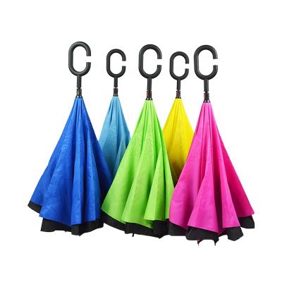 China All In 1 2019 Latest OEM C Handle Double Layer Hot Reverse Umbrella Fiberglass Frame For Car for sale