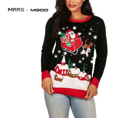 China MRRS Anti-Wrinkle Customized Pattern Womens RED Collar Sleigh Light Up Christmas Sweater for sale