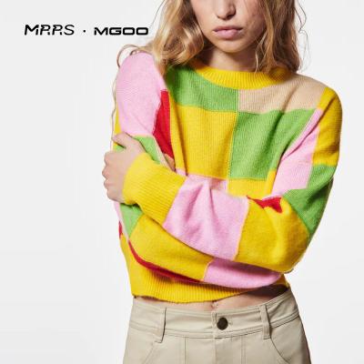 China Anti-Wrinkle MRRS Customized ODM Yellow Crewneck Cropped Color Block Sweater For Ladies for sale