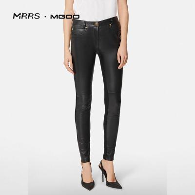 China Anti-Wrinkle MRRS MGOO Mid Waist Stretch Black Faux Leather Gaiters Tight Skinny Training Leather Pants For Ladies for sale