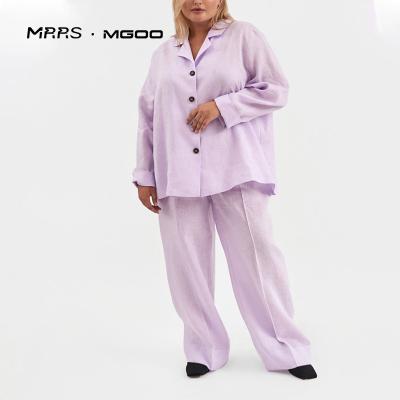 China MRRS MGOO Logo Solid Color Turn Down Print Breathable Custom Print Button Two Piece Long Sleeve Plus Size Women Sleepwear Canvas Pajamas for sale