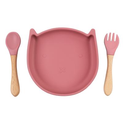 China Safe Solid Baby Dinner Dishes Tableware Animal Silicone Safe/Dishwasher Safe Oven Safe /Microwave Freezer With Wooden Spoon Fork Set for sale