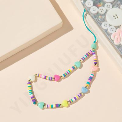 China Cute LOVE Letter String Bracelet Crystal Beaded Cell Phone Chains 2021 Disc Lanyard Beads Mobile Phone Heishi Phone Chain for sale