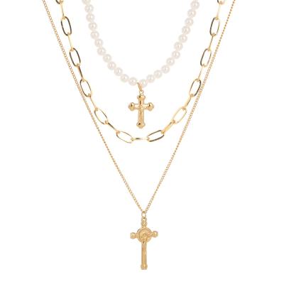 China 2021 Vintage Fashion Multilayer Alloy Cross Necklace For Women Design Retro Necklace Jewelry Gift for sale