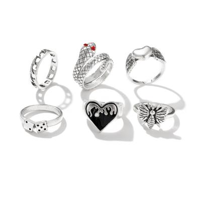 China People-Custom Alloy Personality Chain Ring Set Vintage Snake Love Heart Shaped Ring Set 6-Piece Dies for sale