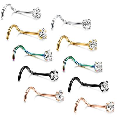 China Punk Stainless Steel Nose Piercing Opal Nose Studs Retainer Pin Colorful S Shape 2MM Nostril Piercing Jewelry for sale