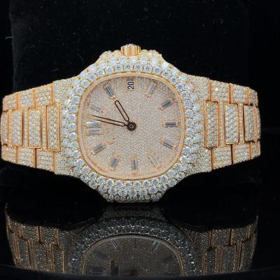 China Auto Date Bustdown Watch Shiny Stainless Steel Iced Out Jewelry VVS Moissanite Watch for sale