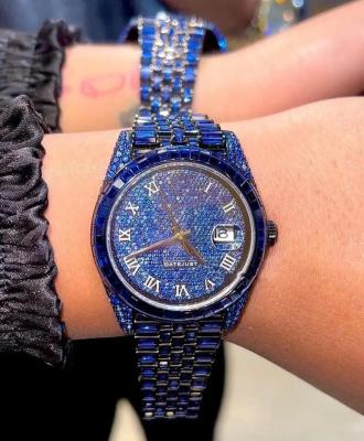 China Custom Auto Date Watch Stainless Steel Bustdown Hand Setting Iced Blue Diamond Watch for sale