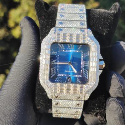 China Automatic Date Iced Out Jewelry Stainless Steel Bustdown Diamond Blue Face VVS Moissanite Watch for sale