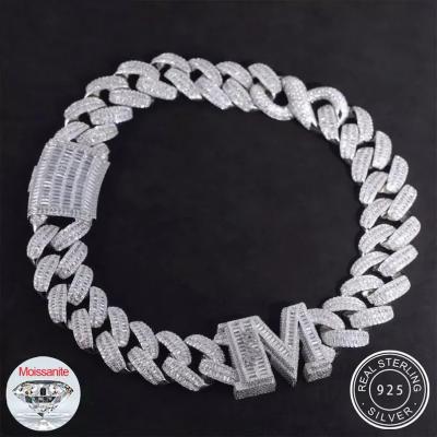 China Custom Sterling Silver 15mm Diamond Iced Out Moissanite Cuban Baguette Link Chain From Hiphop 925 Letter Name for sale