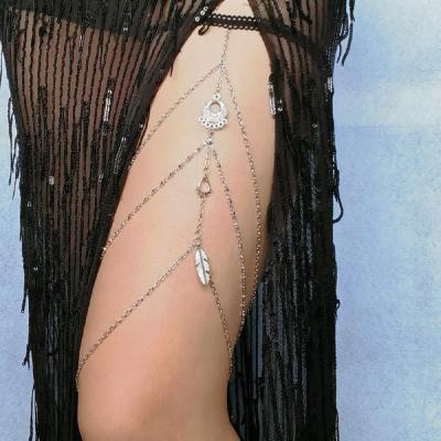 China Pretty Rhinestone Long Leg Body Chain Fashion Bohemian Elastic Sexy Body Chain Multilayer Thigh Chain for sale