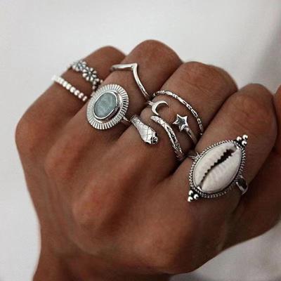 China 8pcs/sets Vintage Color Moon Shell Silver Snake Ring Sets For Women Shiny Crystal Stone Hollow Geometric Jewelry Accessories for sale