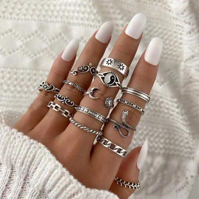 China 15pc/set Vintage Personalized Retro Trend Yinyang Embossed Eight Charts Meander Sun Moon Ring for sale