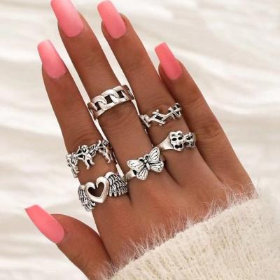 China Antique Silver Six-Piece Ring Set Vintage Hot Selling Vintage Hot Selling Skull Cupid Heart Butterfly Cuban Ring Set for Women Girls for sale