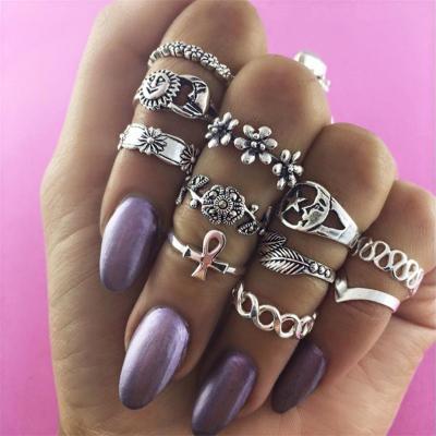 China Wholesale Vintage 11 Pieces Twist Wave Flower Moon Sun Ring Retro Ring Set for sale