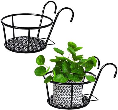 China Handmade Hanging Planter Fence Baskets Iron Potted Plants Rack Metal Railing Flower Pot Holder for Patio Balcony Porch Fence for sale