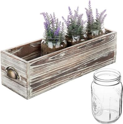 China Handmade Decorative Rustic Wooden Flower Planter Box with 4 Clear Glass Mason Jar for sale