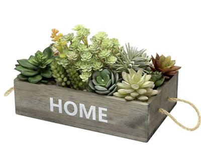 China Handmade Custom Printed Decorative Vintage Gray Solid Wood Succulent Flower Pots Planter Box with Rustic Rope Handles for sale