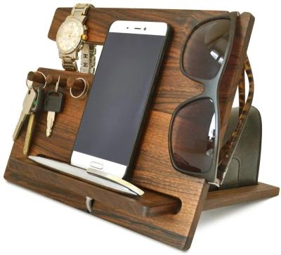 China Handmade Men Engraved Wood Cell Phone Docking Station Desktop Night Stand Filling Organizer for iPhone Watch Sunglasses Keys for sale