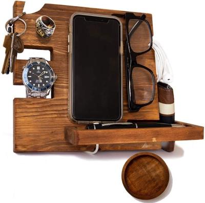 China Multifunctional Engraved Wooden Phone Docking Station Design Handmade Birthday Gift Men's Organizer with Coaster for sale