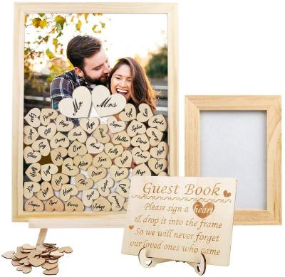 China OEM ODM Handmade Decorative Rustic Drop Top Wooden Wedding Guest Book With Heart And Wood Picture Frame for sale