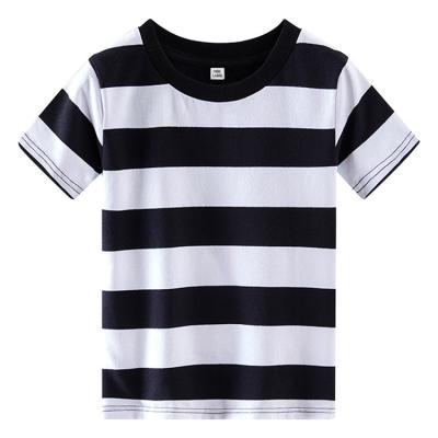 China Popular Short Sleeve Stripe Anti-Shrink Cotton Round Neck Plain Logo Plain T-shirt Boys Breathable Custom Kids Kids Wholesale for sale