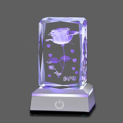 China Hot cube in Wholeworld Amazon Rose Engraving Block With Base /crystal/3d laser led light glass Crystal For Christmas for sale