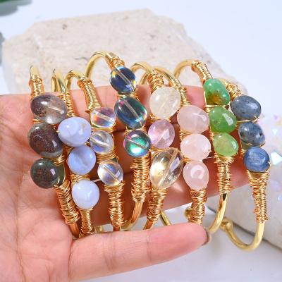 China New Design Durable Gold Brass Wire Bracelet Wrapped Natural Crystal Quartz Amethyst Labradorite Cuff Bracelet Jewelry for sale