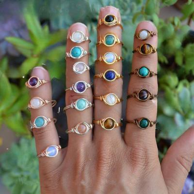 China Crystal Ring Boho Weaving Gems Wire Wrapped Agate Crystal Rings For Women for sale