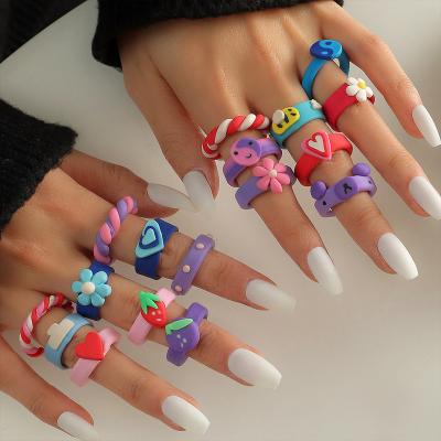 China Cute Clay Ring Fruit Twist Polymer Colorful Flower Smile Face Fashion Environmentally Friendly CIA Rings for sale