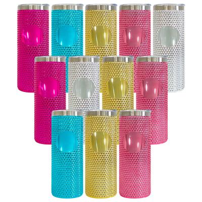 China Sustainable USA warehouse Reusable Plastic Acrylic outer stainless steel inner 23oz metallic Diamond durian Studded skinny straight tumbler for sale