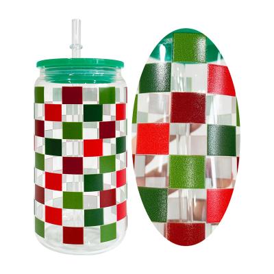 China Sustainable USA warehouse 16oz Santa Hats Stockings 16oz clear glass can clear transparent beer glass can with plastic pp lids and straw for sale