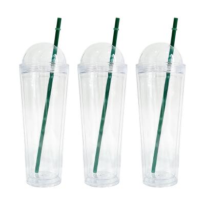 China Sustainable 24oz pre drilled clear manufacturer wholesale plastic snow globe reusable Transparent Fruit cup with dome lid and straw for sale