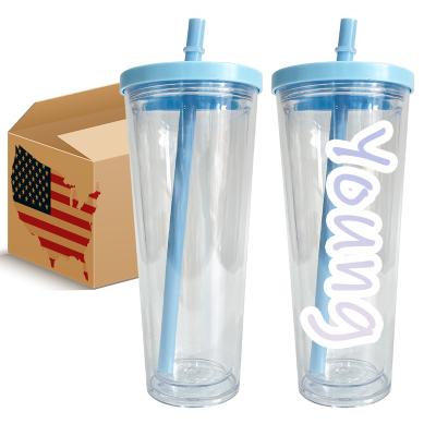 China Sustainable USA warehouse wholesale 24 oz Kids Gifts reusable double wall plastic predrilled snow globe Boba Tea Cup with Straw for sale