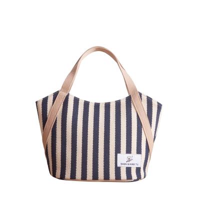 China Fashion Women's Portable Canvas Striped Bag Summer Bag Contrast Color Canvas Handbag for sale