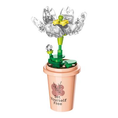 China Non-toxic JAKI Potted Flowers Bouquets Ornaments Early Educational Mini Cup Artificial Flower Building Blocks Brick Toy Sets for adult for sale