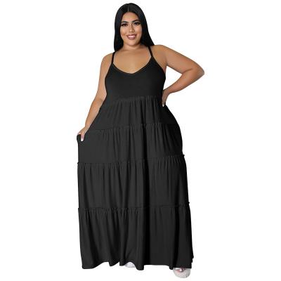 China Washable Sleeveless V-Neck Black Knitted Long Maxi Dresses Women Casual Tiered Plus Size Dress For African Women for sale