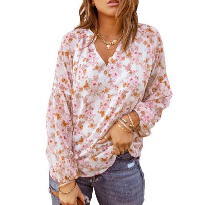 China Women's Breathable V-Neck Boho Floral Print Long Sleeve Casual Blouse Tops for sale