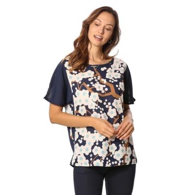 China Women Breathable Crew Neck Floral Print Chiffon Shirts Short Blouses Slim Elegant Blouse Tops For Women for sale